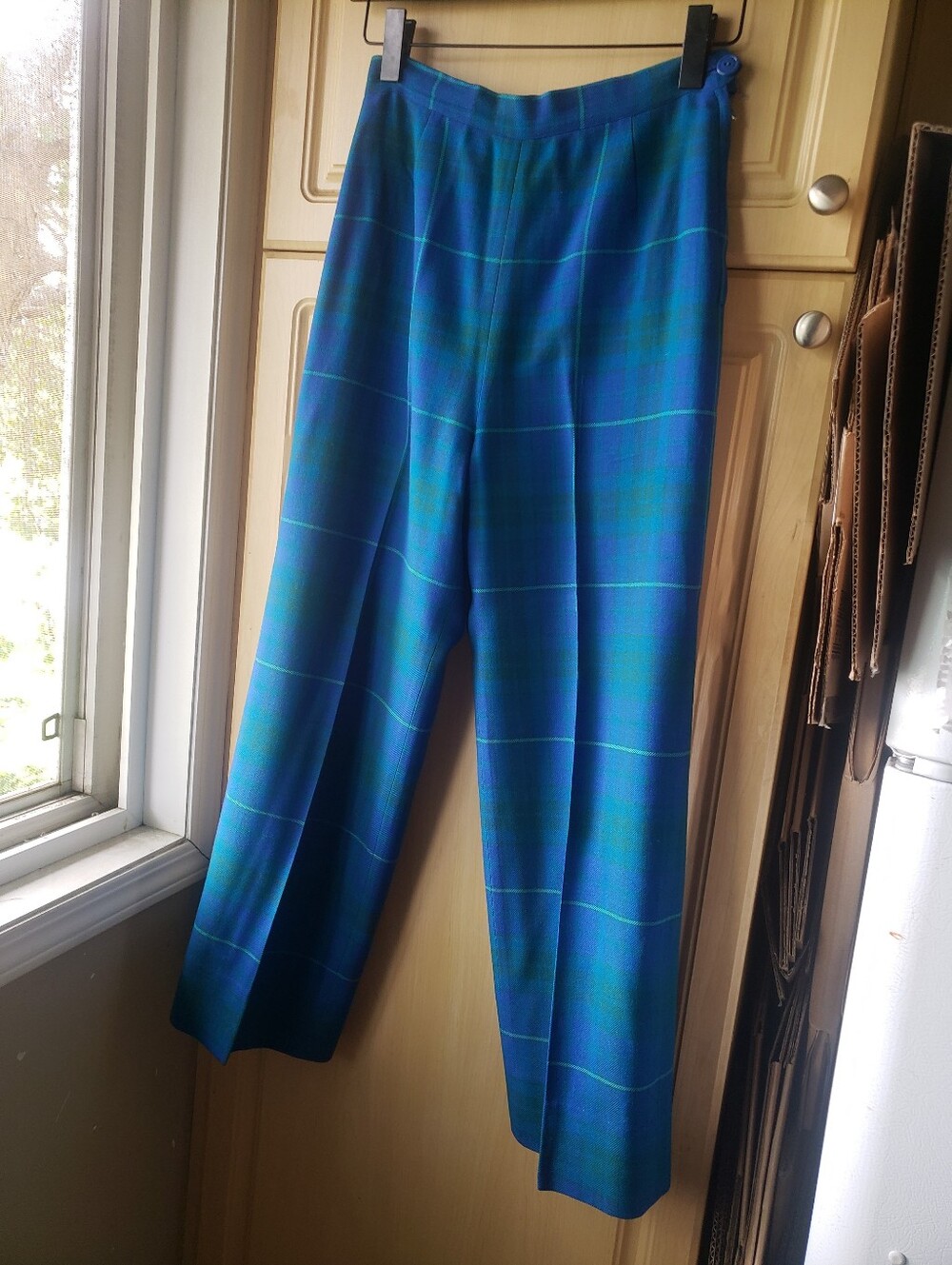 Like New Condition Pure Virgin WoolHigh-Waist Plaid Wide-Leg Pants in Teal Blue